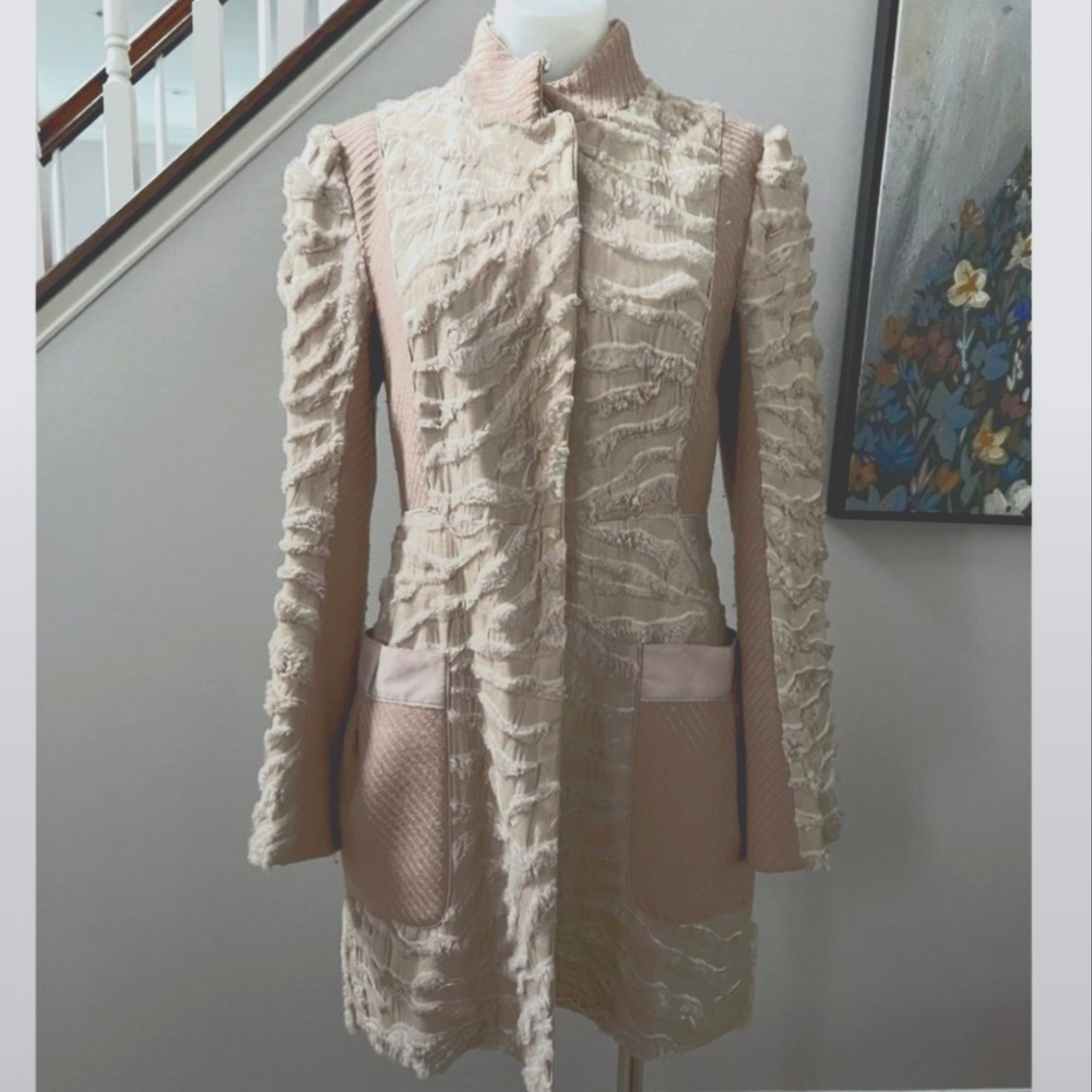 REBECCA TAYLOR Victorian Faux Fur Snap Down Textured Jacket Cream Coat - Size 6